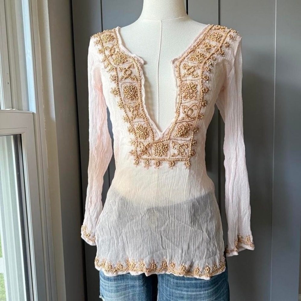 Lord & Taylor Women's size M Silk sheer beaded boho blouse